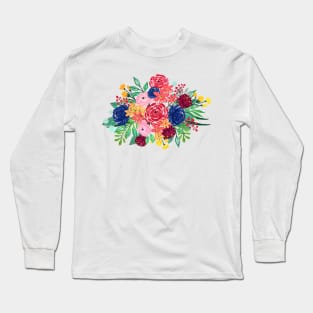 Navy Blue and Red watercolor boho chic Flowers hand paint Long Sleeve T-Shirt